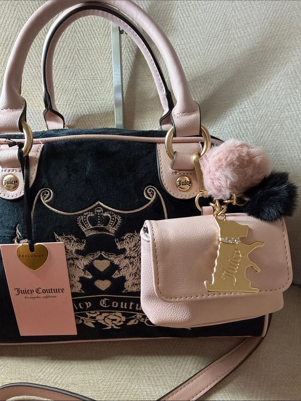 Juicy Couture Pink and Black Velvet Satchel with Detachable Pouch